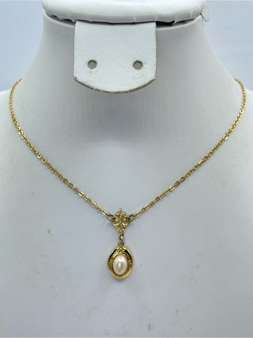 1928 Gold Tone Faux Pearl Locket Necklace Vintage Victorian Oval Pendant